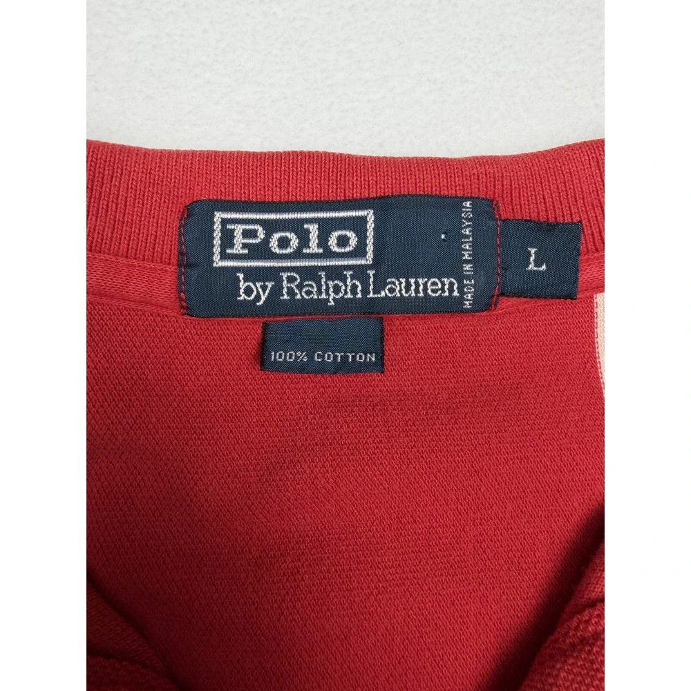 Vintage Polo Ralph Lauren Mens Size L Red Blk Vertical Stripe Pique Cotton Polo